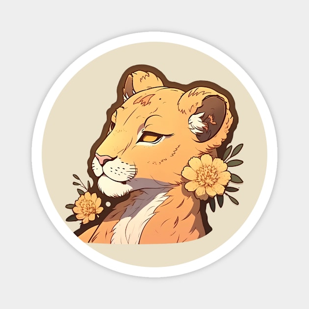 Beauty lioness with yellow flowers Magnet by Cute Planet Earth Mini